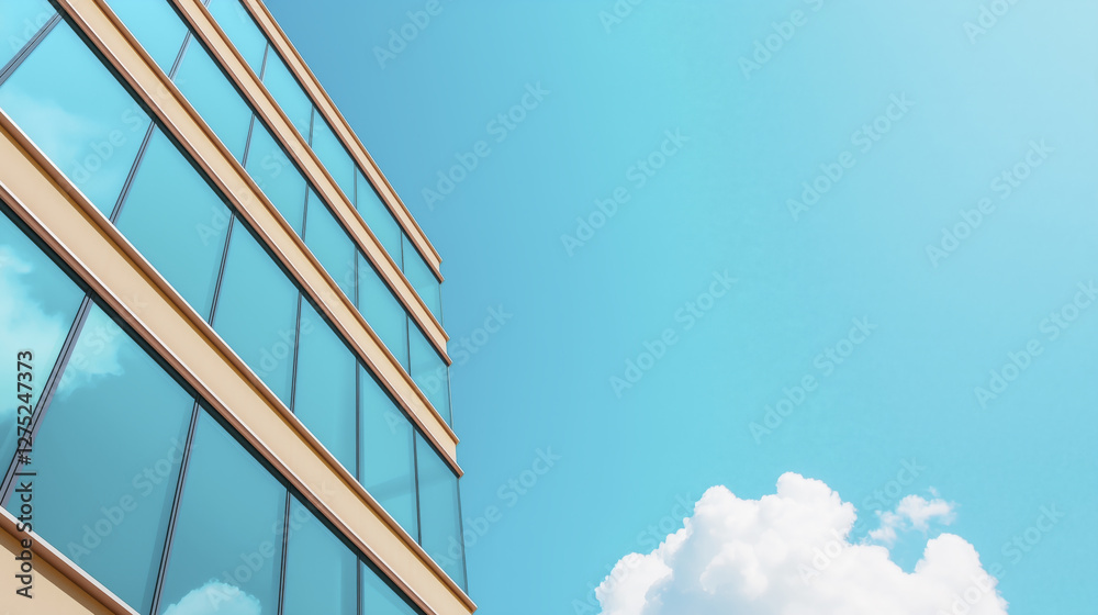 Modern high rise building with reflective glass windows against bright blue sky and fluffy clouds. architecture showcases sleek lines and contemporary design Modern high rise building with reflective glass windows against bright blue sky and fluffy clouds. architecture showcases sleek lines and contemporary design