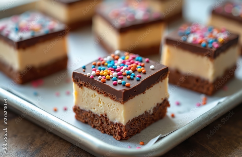 Chocolate glazed vanilla ice cream squares with colorful sprinkles. Homemade brownie cake dessert snack idea for kids party, served cold. Sweet, simple, tasty festive refreshment. Chocolate glazed vanilla ice cream squares with colorful sprinkles. Homemade brownie cake dessert snack idea for kids party, served cold. Sweet, simple, tasty festive refreshment.