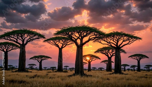 Bao Trees Silhouetted at Sunset with Dramatic Sky