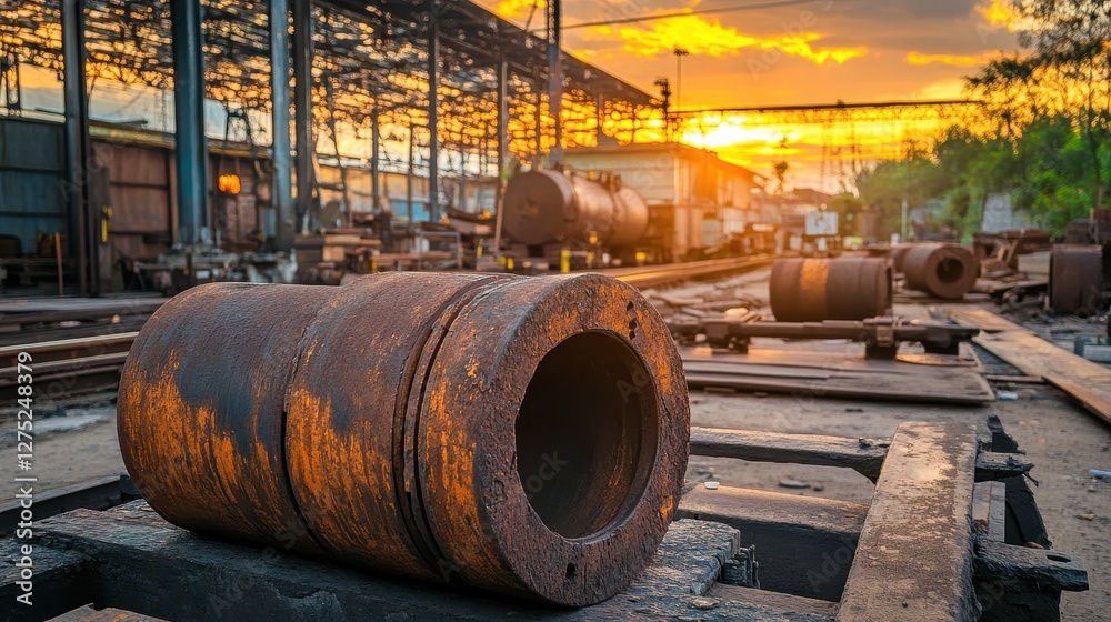Rusty Industrial Pipe Against Sunset at Factory Manufacturing Site Rusty Industrial Pipe Against Sunset at Factory Manufacturing Site