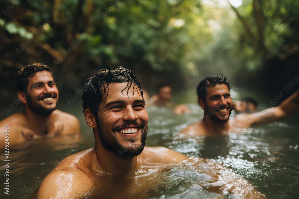 A group of men in a river, with bright smiles on their faces as they float together, connecting through the simple joy of swimming in nature. A group of men in a river, with bright smiles on their faces as they float together, connecting through the simple joy of swimming in nature.