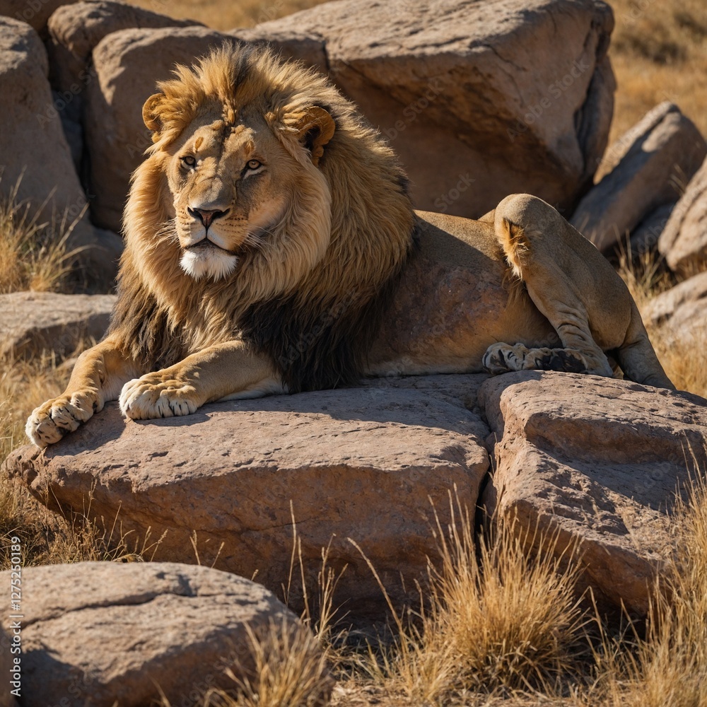 Naklejka premium A lion pride resting on a rock formation in the midday heat.