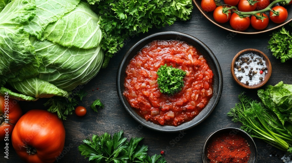 A vibrant arrangement of fresh vegetables and tomato sauce, ideal for cooking or recipes.