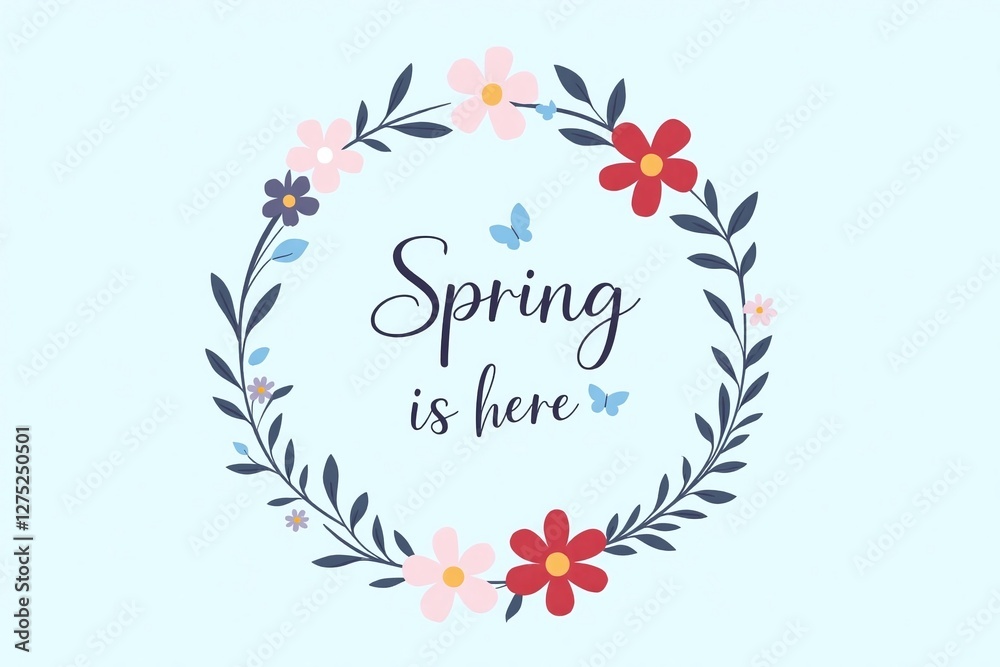 Light blue background flowers butterflies spring is here text Light blue background flowers butterflies spring is here text