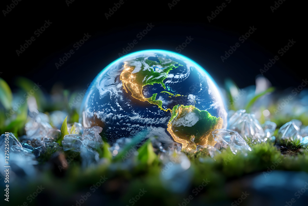 Glowing Earth amid plastic waste, environmental impact Glowing Earth amid plastic waste, environmental impact