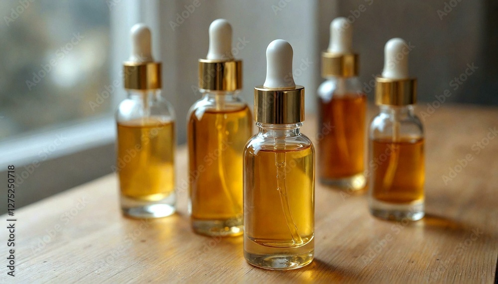 Amber Bottles on Wooden Surface