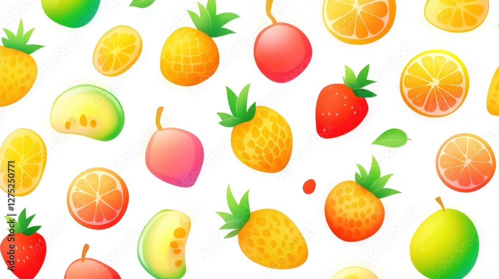 Colorful fruit pattern, summer design, white background, food texture Colorful fruit pattern, summer design, white background, food texture