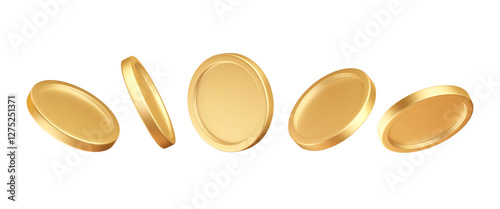 Set of 3d gold coins. Metal money in different angles. Glossy finance elements isolated on white background. Vector illustration. Metallic treasure. Earning, investment, bank deposit icons.
