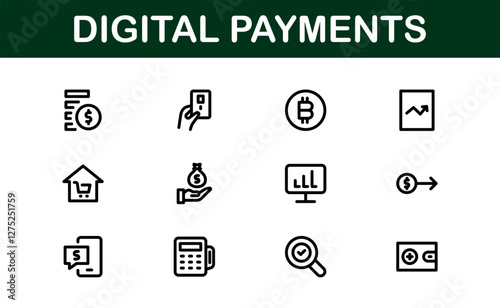 Digital Payments Icons. High-Quality Line and Outline Vector Illustrations for Mobile Wallets, Transactions, Online Payments, and Digital Finance