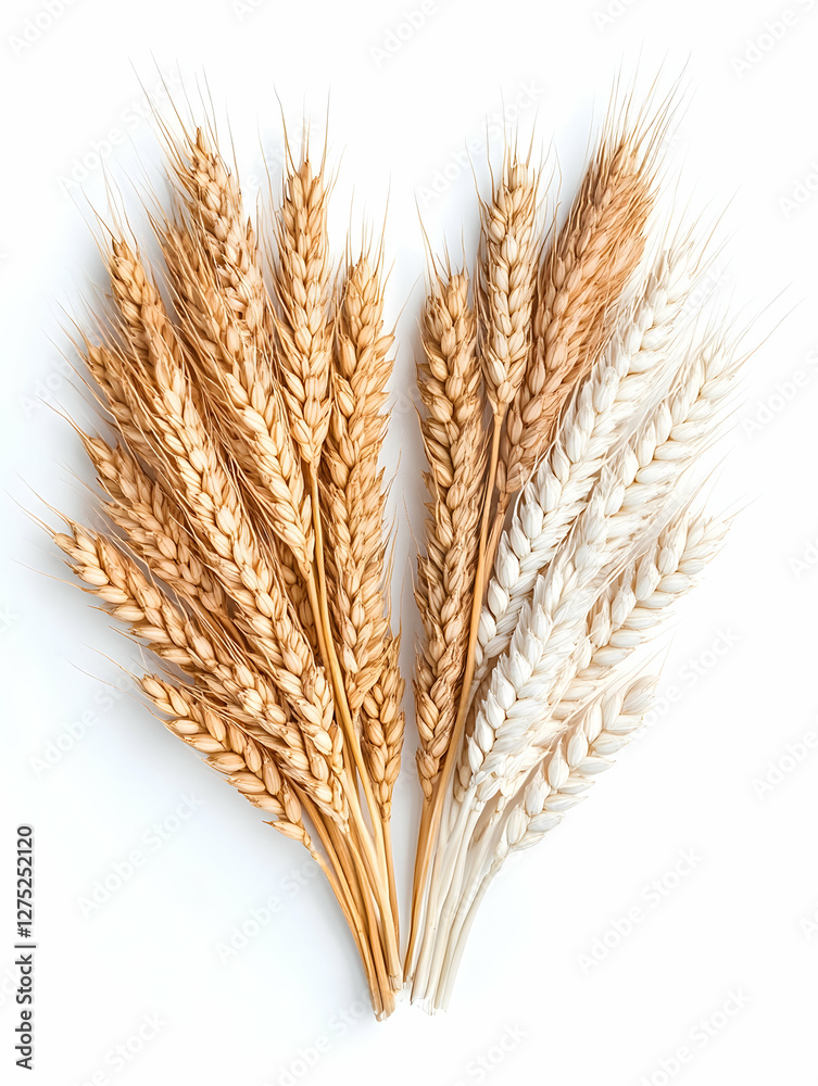 Golden and white wheat stalks arranged in heart shape, isolated on white. Food packaging design Golden and white wheat stalks arranged in heart shape, isolated on white. Food packaging design