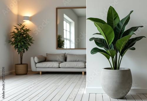 Living Room Calathea Display: 4K Full HD Realistic Rendering of a Calathea Plant in a Drop-Shaped Tall Gray Concrete Pot, Enhanced with Warm Lighting, White Walls, White Wooden Floor, and a Large Rect photo