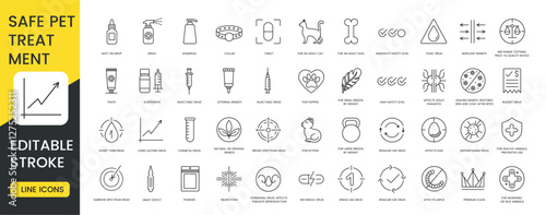 A set of safe pet treatment icons in vector representing various medications remedies and preventive solutions for animal health with an editable stroke