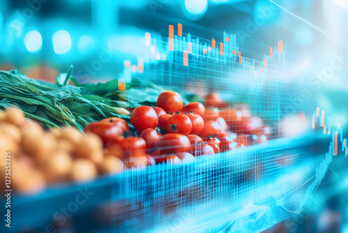 Agricultural products, such as grains, fruits, vegetables, tomato, blended with stock market graphs, representing. Import, export trade in agriculture and economic. With data and graph background.