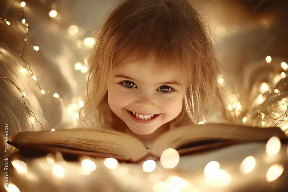 A heartwarming image of a little girl with bright eyes, smiling as she reads an exciting book, her room decorated with fairy lights. A heartwarming image of a little girl with bright eyes, smiling as she reads an exciting book, her room decorated with fairy lights.