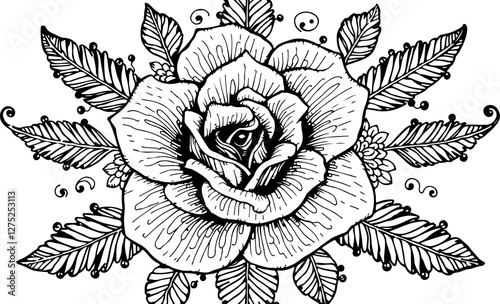 A centered rose bloom is surrounded by leaves and decorative flourishes