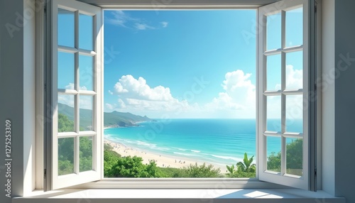 Fototapeta Naklejka Na Ścianę i Meble -  Open window reveals ocean view with coast line. White frame, blue sky, green trees. Summer vacation retreat, holiday panorama, calm sea water and cloudscape.