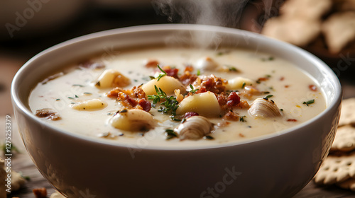 Traditional New England Clam Chowder Served Hot in a Bowl With Fresh Ingredients and Garnish photo