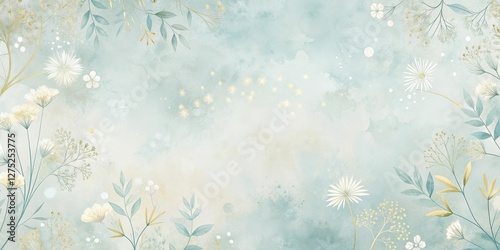 Serene Botanical Illustration Featuring Delicate Watercolor Flowers and Gold Accents on a Soft Blue Background