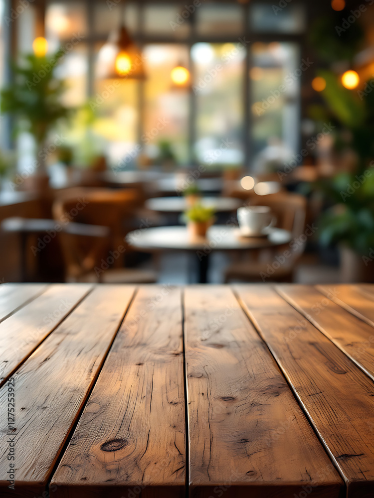 Rustic Wooden Table Top in Blurred Cafe Setting Warm Lighting and Ambient Restaurant Atmosphere Rustic Wooden Table Top in Blurred Cafe Setting Warm Lighting and Ambient Restaurant Atmosphere