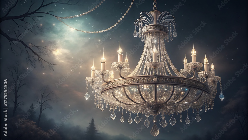 Obraz premium Opulent Chandelier with Crystal Reflections on a Dark, Moody Background breathtaking display of luxury and grandeur, featuring a lavish crystal chandelier suspended in an elegantly dim setting.