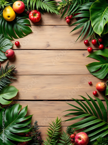 Tropical Fruits and Foliage Frame Composition on Rustic Wooden Planks Background Decoration photo