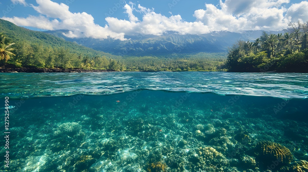 Fototapeta premium a stunning split-level view of a tropical lake, revealing both the vibrant underwater world and the lush landscape above. The crystal-clear water showcases the beauty of nature