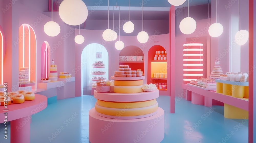 Fototapeta premium Colorful dessert shop interior showcasing vibrant pastries and cakes under soft lighting