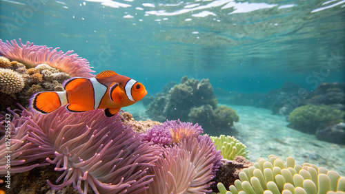 Bright Clownfish Swimming Among Colorful Sea Anemones – Vibrant Marine Life