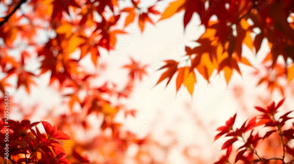 Close-up of vibrant, red maple leaves in autumn, with some out of focus, against a bright, hazy sky. Close-up of vibrant, red maple leaves in autumn, with some out of focus, against a bright, hazy sky.