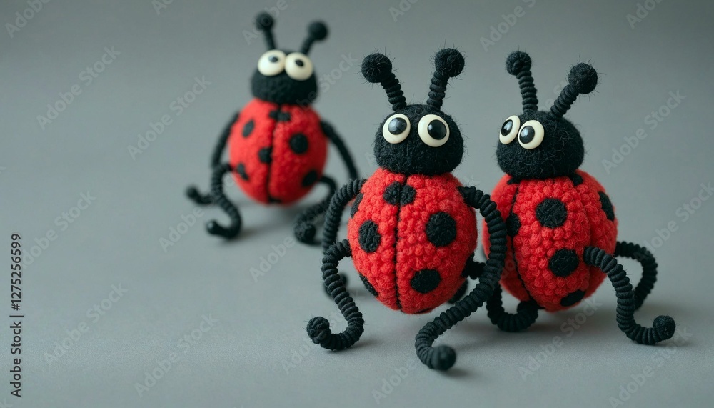Fototapeta premium Three Knitted Ladybugs with Black Spots on Gray Background