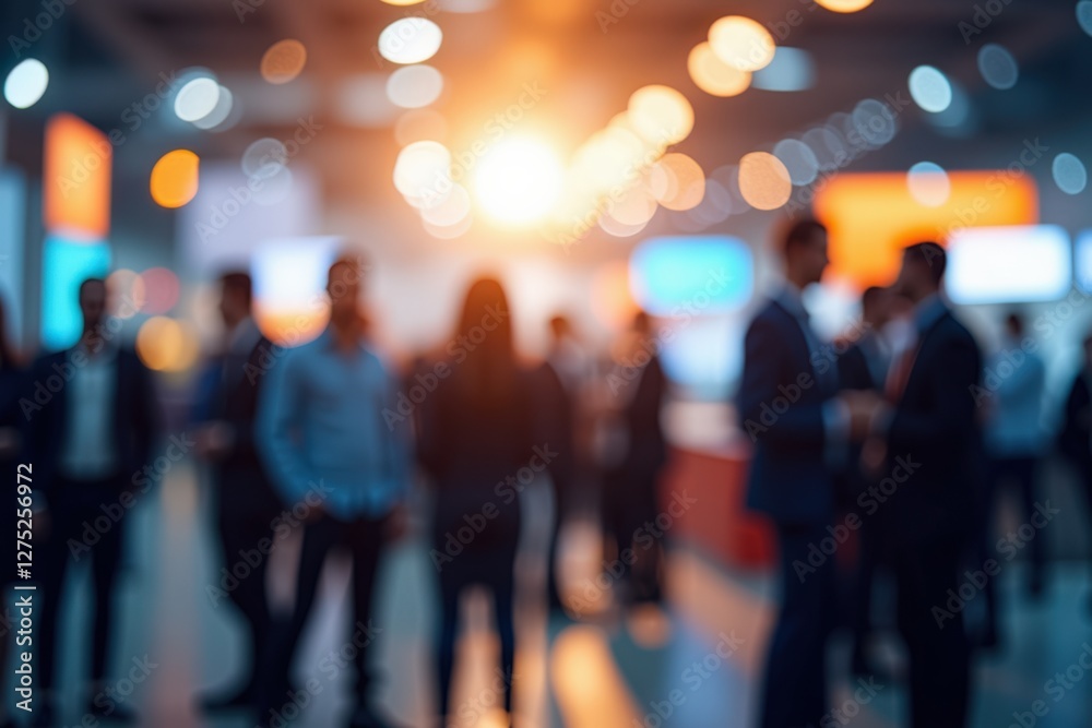 Fototapeta premium A Vivid Scene at a Corporate Networking Event Featuring Diverse Professionals Engaging in Conversation Amidst a Blurry Background of Bright Lighting and Colorful Displays