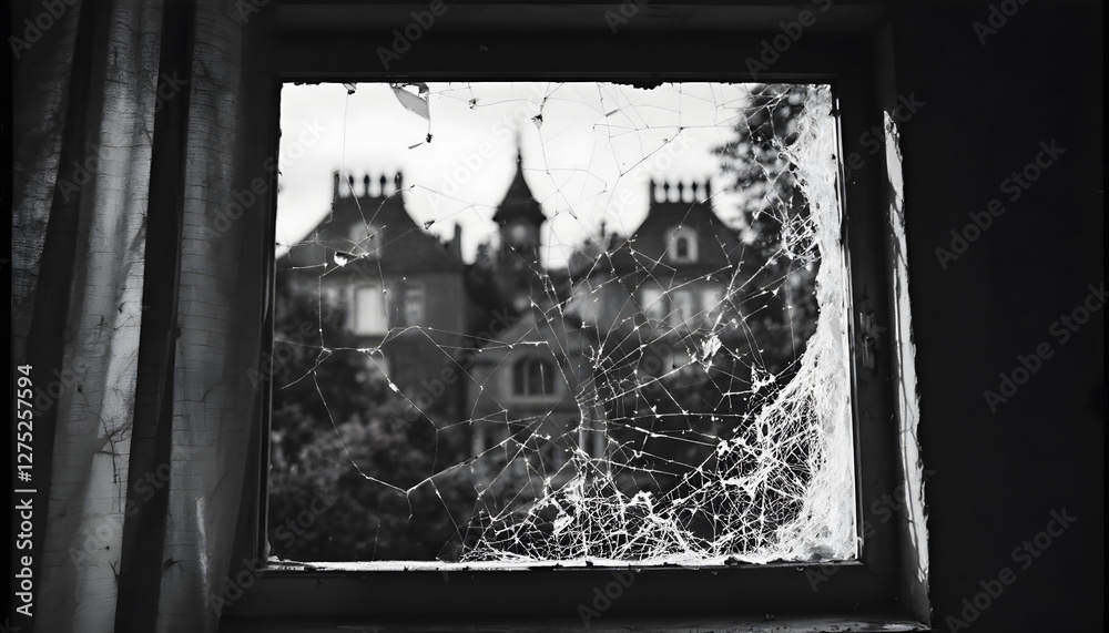 Fototapeta premium Looking Through Broken Window at Old House in Black and White