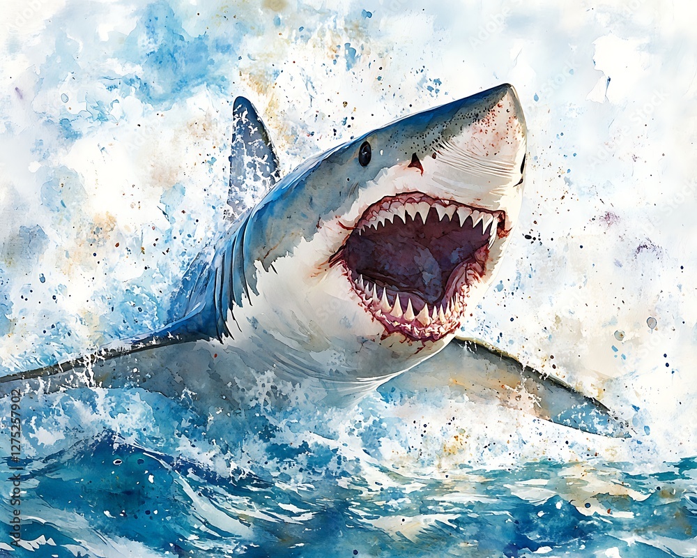 Naklejka premium Great white shark attacking in ocean waves