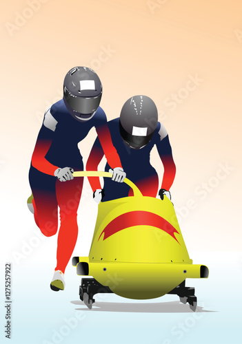 007-50-Two bobsleigh athletes pushing their bobsled at the start of a race on an ice track