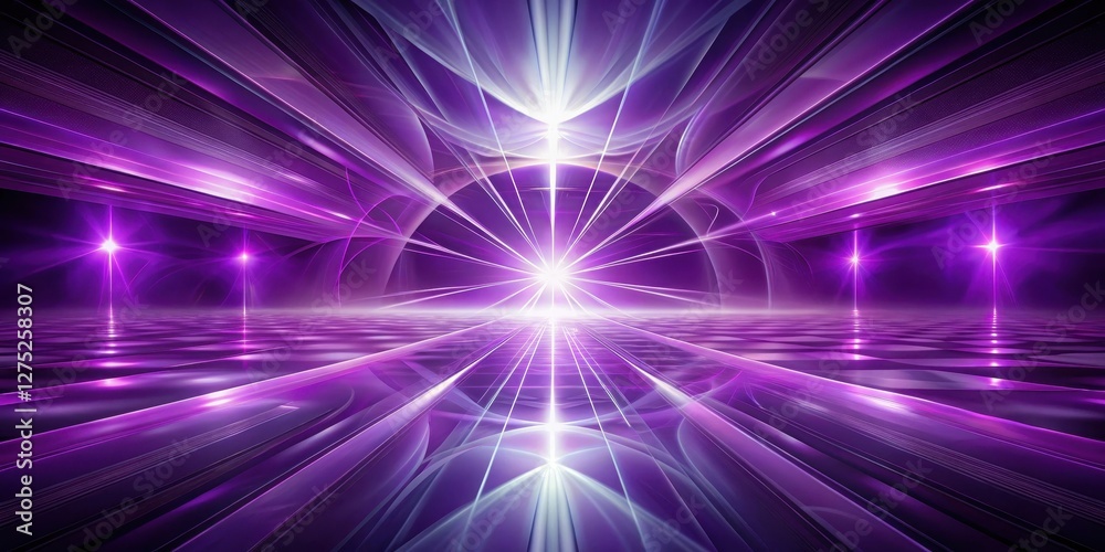 Obraz premium Abstract Purple Rays Converge on a Reflective Surface, Creating a Futuristic and Energetic Composition with Glowing Lights and Sleek Lines