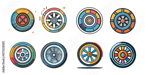 Sets icon collection of colorful, stylized wheel designs with various patterns and details, showcasing creative and artistic interpretations of wheels