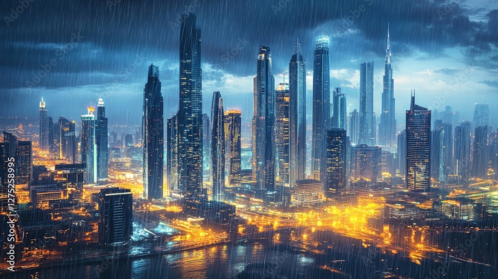 Fototapeta premium Vibrant Cityscape Under Rainy Night Sky with Skyscrapers and Lights