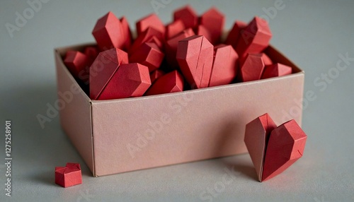 Red origami crystals in box on gray surface