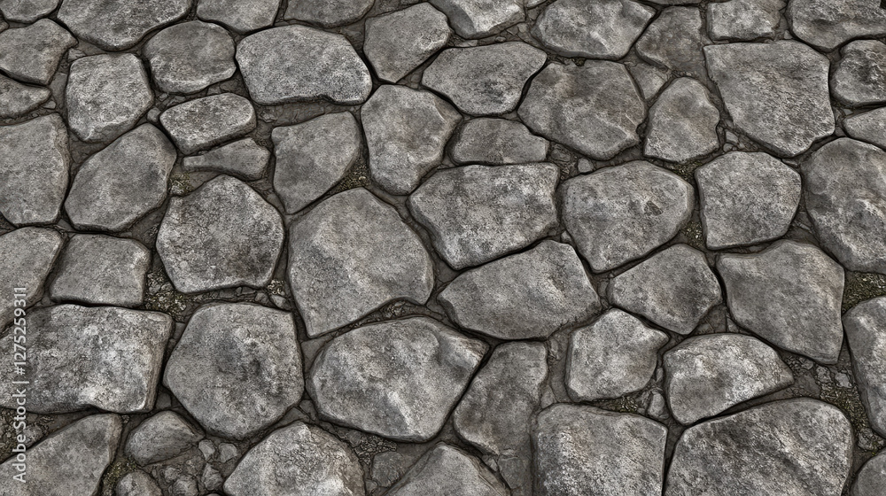 A high-resolution seamless gray cobblestone wall or road texture, designed with grungy stone patterns and natural variations. A high-resolution seamless gray cobblestone wall or road texture, designed with grungy stone patterns and natural variations.
