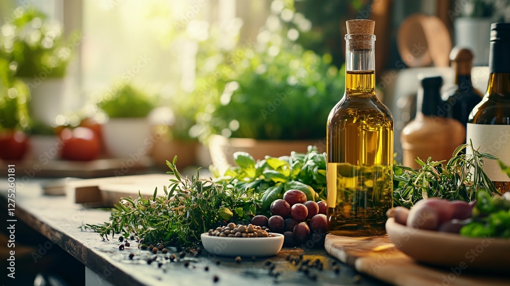 Fresh Ingredients with Olive Oil on Rustic Kitchen Table Fresh Ingredients with Olive Oil on Rustic Kitchen Table