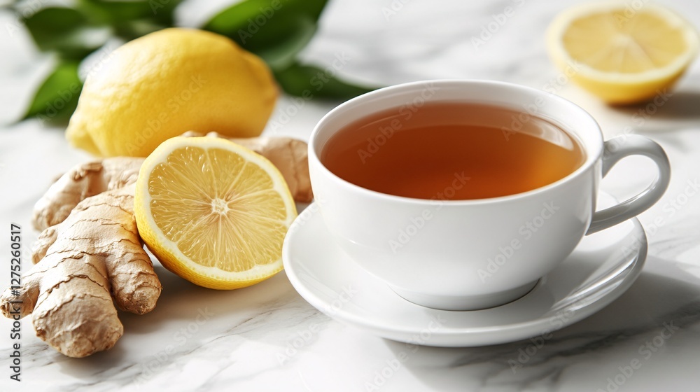 Ginger Tea with Fresh Lemon on Marble Surface for Wellness Drink Ginger Tea with Fresh Lemon on Marble Surface for Wellness Drink