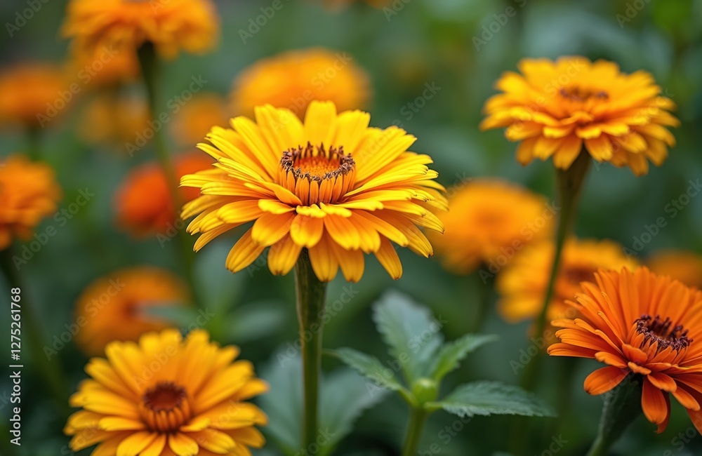Close-up of garden calendula flowers with yellow-orange petals. Ringelblumen blooming with green leaves. Flora botany colorful ornamental plant, nature photography with blurred background. Close-up of garden calendula flowers with yellow-orange petals. Ringelblumen blooming with green leaves. Flora botany colorful ornamental plant, nature photography with blurred background.