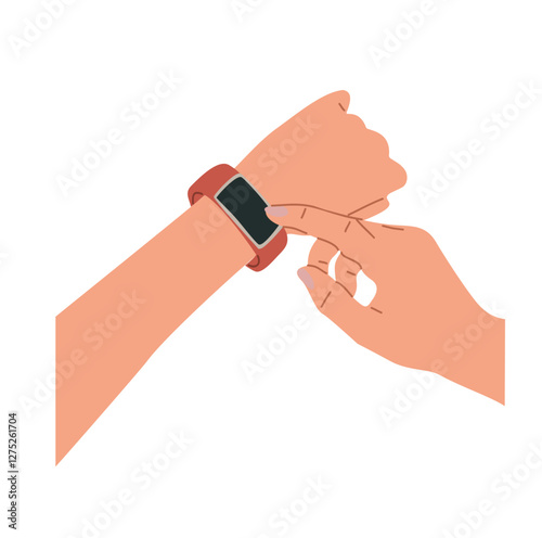 Female hands wearing smart watch on wrist. Modern technology concept. Vector colorful illustration isolated on transparent background.