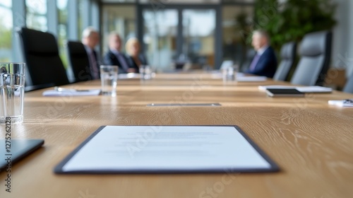 A blurred and indistinct view captures the essence of a company board of directors meeting, shrouded in an atmosphere of focused deliberation and strategic planning The scene unfolds within a modern