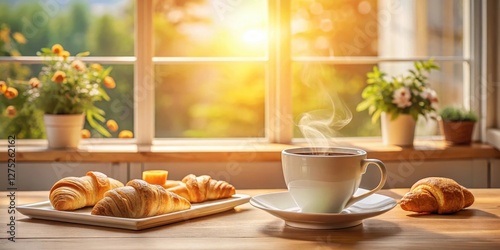 Wallpaper Mural Aromatic Coffee and Golden Croissants by a Sunlit Window, Enjoying a Serene Morning Torontodigital.ca