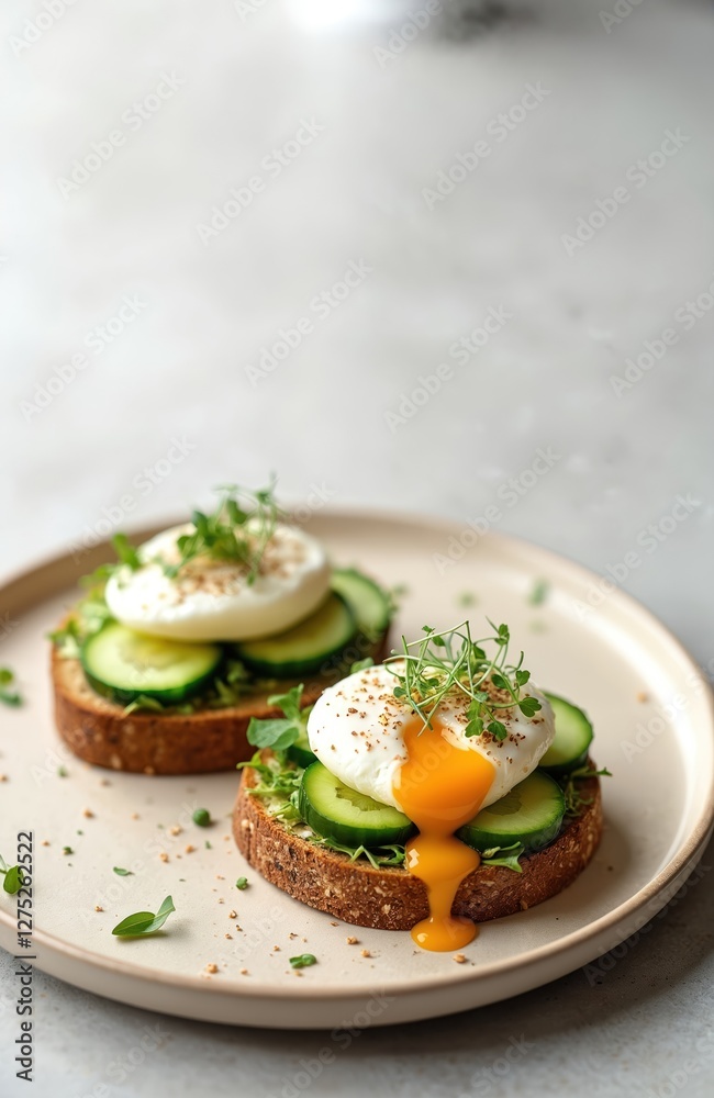 Healthy breakfast toast with poached egg, cucumber, microgreens. Tasty bruschetta with yolk, slice of bread on plate. Vegetarian snack, food for diet, healthy eating on white background. Healthy breakfast toast with poached egg, cucumber, microgreens. Tasty bruschetta with yolk, slice of bread on plate. Vegetarian snack, food for diet, healthy eating on white background.
