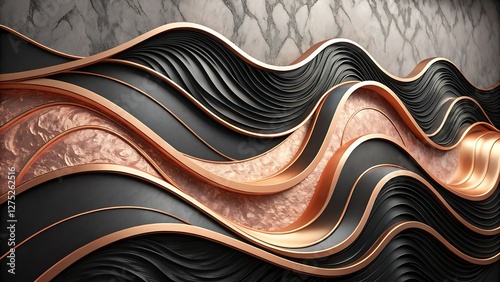 Glossy Black and Rose Gold Abstract Waves with Soft Metallic Reflections sleek and modern composition featuring fluid, undulating waves of glossy black, seamlessly intertwined with rich rose gold  photo