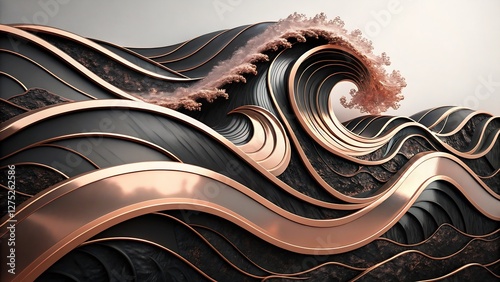 Glossy Black and Rose Gold Abstract Waves with Soft Metallic Reflections sleek and modern composition featuring fluid, undulating waves of glossy black, seamlessly intertwined with rich rose gold  photo