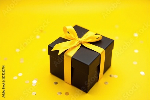 Small black gift box yellow ribbon gold confetti