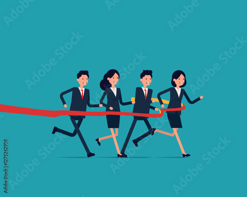 Leadership. Business people run race crossing finish line ribbon